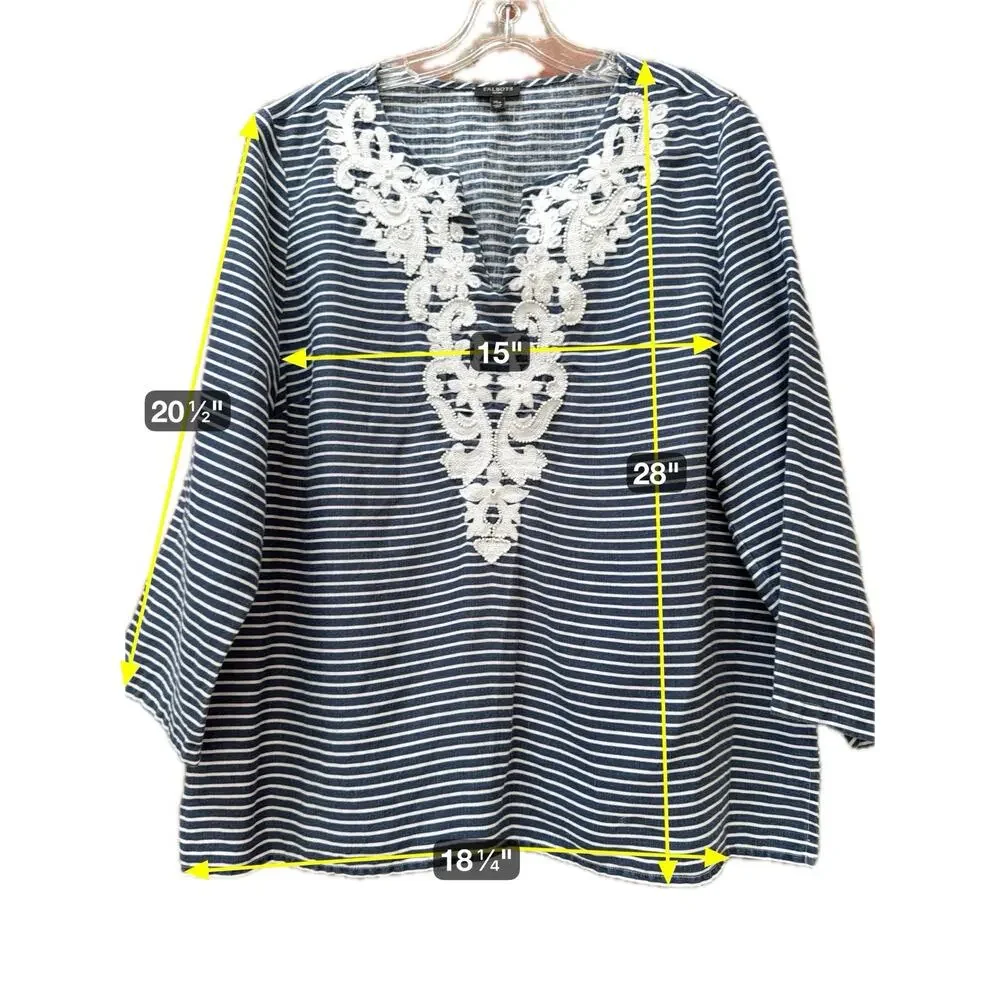 Talbots Womens Blue White Stripe Beaded Linen 3/4 Sleeve Petite XL PXL‎ Coastal